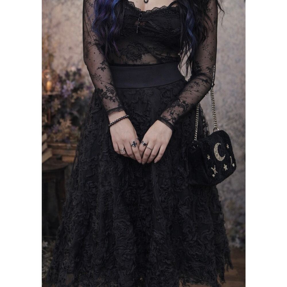 Vintage Y2K Only Hearts Women’s SM Black Floral Maxi Skirt Whimsical Goth Witchy